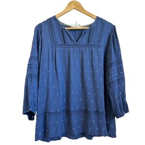 Nurture Shirt Women XL Blue Embroidered Boho Cottage Western Puffy Sleeve Lace